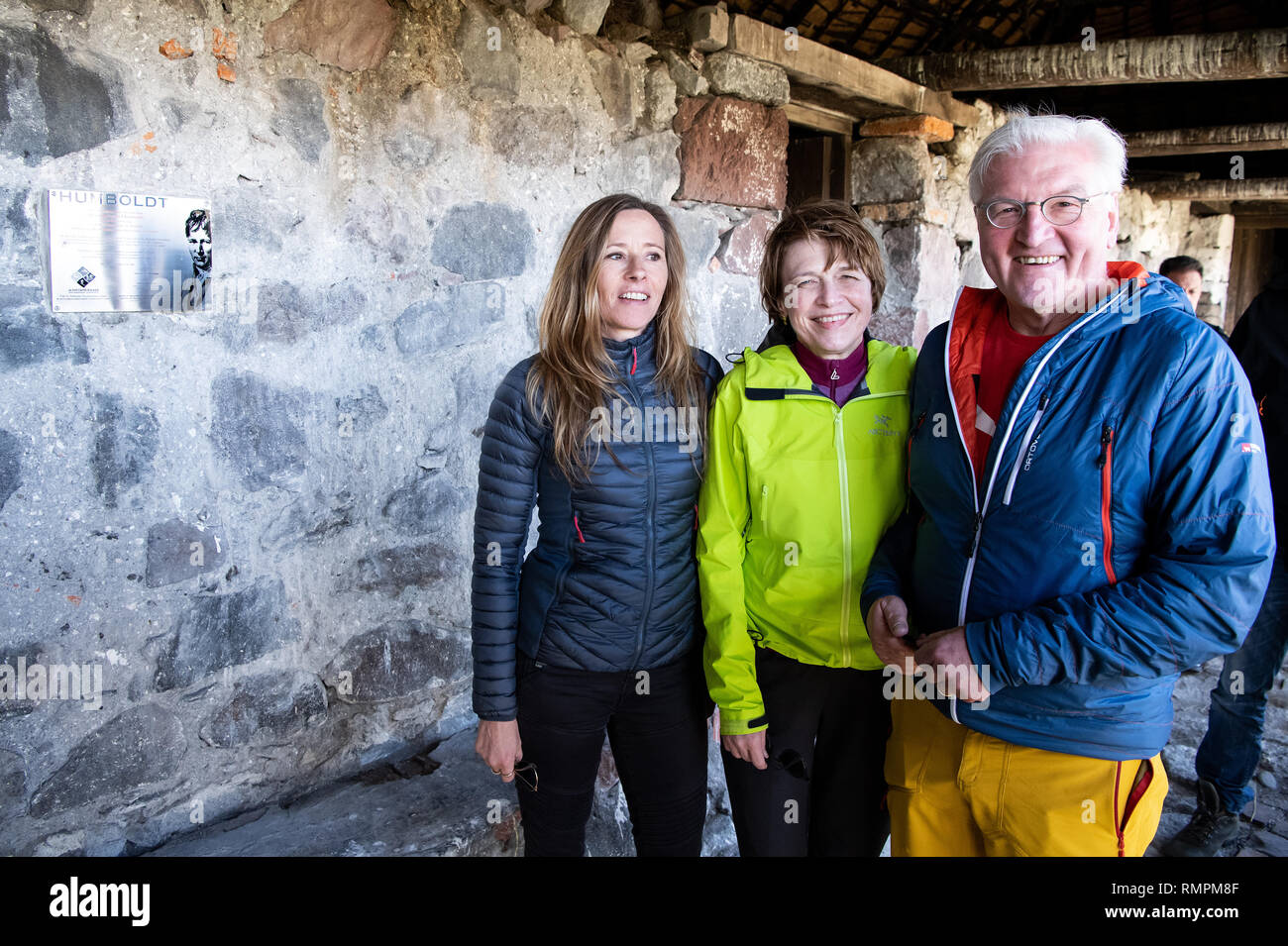 Antisana, Ecuador. 15th Feb, 2019. Federal President Frank-Walter Steinmeier and his wife Elke Büdenbender, together with art historian Andrea Wulff (l), visit the Alexander von Humboldt-Hütte in the nature reserve and Antisana National Park. Federal President Steinmeier and his wife are visiting Colombia and Ecuador on the occasion of Alexander von Humboldt's 250th birthday as part of a five-day trip to Latin America. Credit: Bernd von Jutrczenka/dpa/Alamy Live News Stock Photo