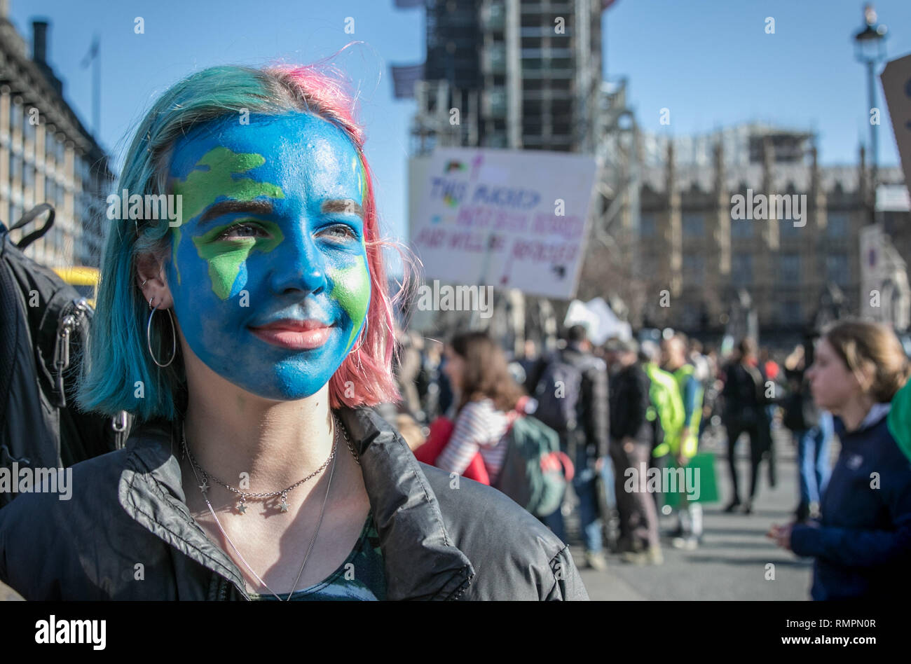 London, UK. 15th Feb, 2019. The planet Earth painted on the face of a ...