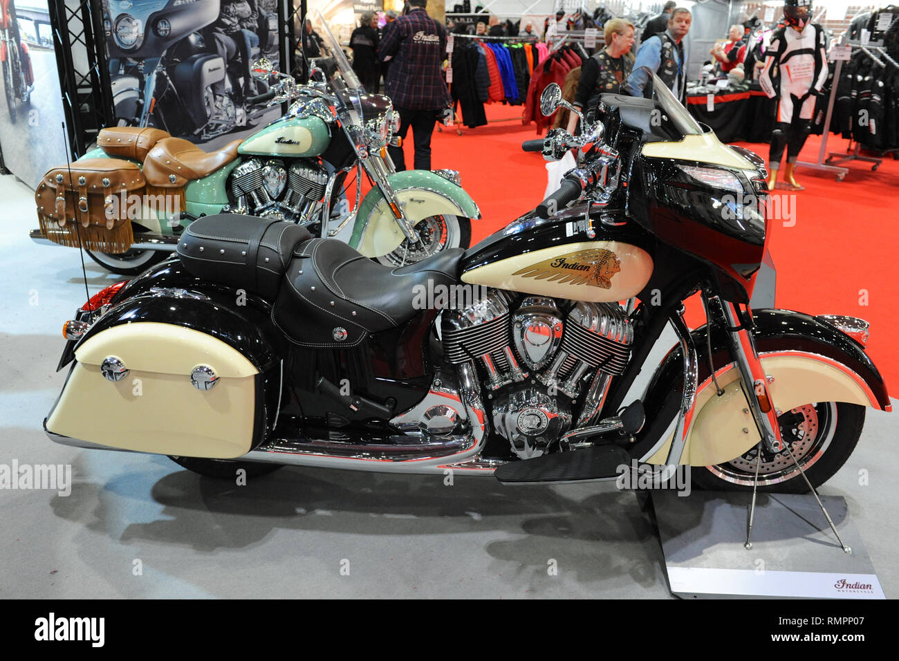 London, UK. 15th Feb, 2019. An Indian Chieftain Classic 1811cc motorbike on display at the Carole Nash MCN London Motorcycle Show which is taking place at ExCel London, United Kingdom.  The show features a vast variety of wheeled transport from motorbikes, scooters and superbikes to customised one-off choppers from the world’s top motorcycle manufacturers, Around 40,000 fans are expected to visit the show, ranging from two wheel enthusiasts to baby boomer, born again bikers looking for their ultimate motorcycle for a dream roadtrip. Credit: Michael Preston/Alamy Live News Stock Photo