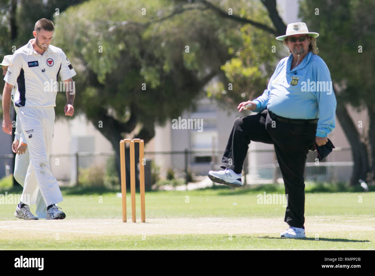 Adelaide, Australia. 16th Feb, 2019. An umpire at the Association Cricket match between Woodville Rechabites Cricket club and Pooraka Mighty Bulls being played at the Matheson Reserve on a hot saturday afternoon with temperatures of 29 degrees celsius Credit: amer ghazzal/Alamy Live News Stock Photo