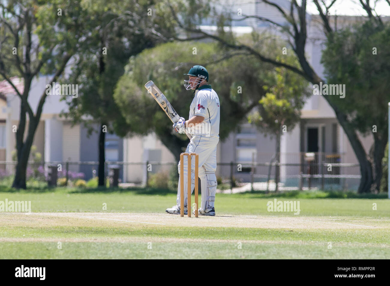 Adelaide, Australia. 16th Feb, 2019. An Association Cricket match between Woodville Rechabites Cricket club and Pooraka Mighty Bulls being played at the Matheson Reserve on a hot saturday afternoon with temperatures of 29 degrees celsius Credit: amer ghazzal/Alamy Live News Stock Photo