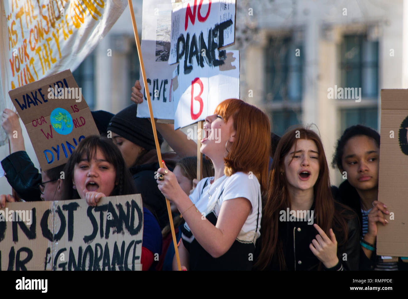 London, UK. 15 February 2019. Protesters at the London protests against Climate change in Westminster. Over a thousand school students walked out of school and gathered around Parliament Square to protest climate change. © Stuart Walden/ Alamy Live News Stock Photo