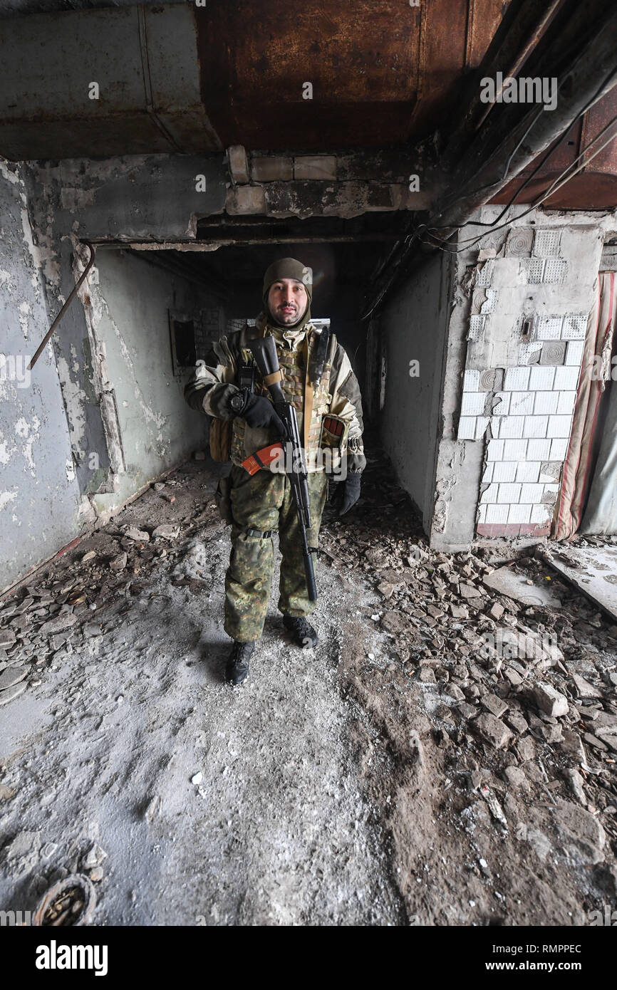 Advika, Donetsk, Donbass, Ukraine. 24th Jan, 2019. Nitzat of the anti-tank regiment, part of the Ukrainian army 93rd brigade seen in a bombed out mine buildings.The conflict in the Eastern Ukraine has become more political than physical since 2014 when 12,000 lost their lives. Today though, it is spasmodic and most shelling is during the nighttime. (The official observers from OSCE organization do not monitor at night!). Due to the Minsk ceasefire both parties try to respect it and only light equipment is seen in use. Credit: Iain Burns/SOPA Images/ZUMA Wire/Alamy Live News Stock Photo