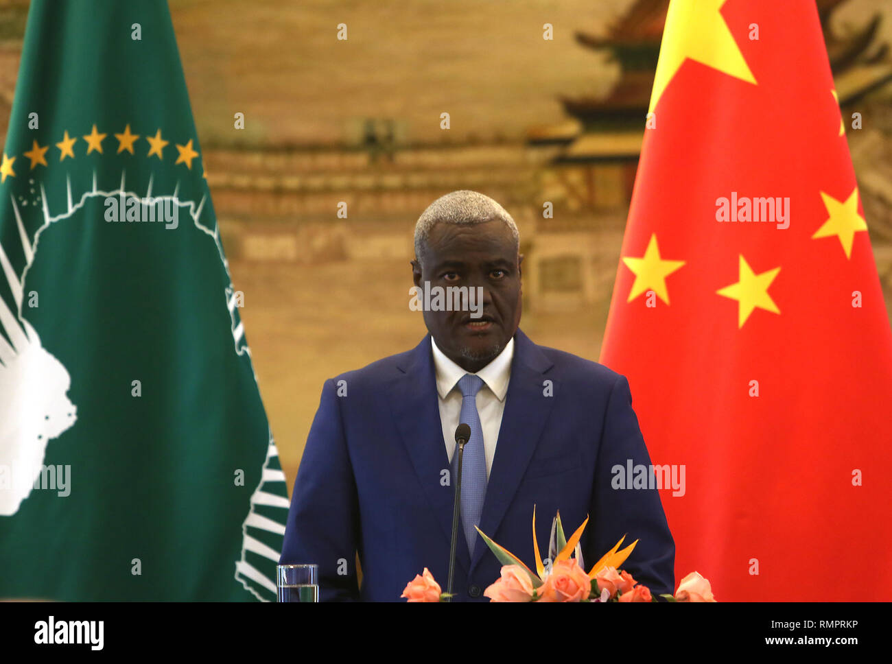 Beijing, China. 8th Feb, 2018. Chairman of the African Union Commission Moussa Faki Mahamat holds a press conference with Chinese Foreign Minister Wang Yi (not pictured) in Beijing on February 8, 2018. Moussa dismissed a French newspaper report alleging that China had spied on the continental body as 'lies'. Credit: Todd Lee/ZUMA Wire/ZUMAPRESS.com/Alamy Live News Stock Photo