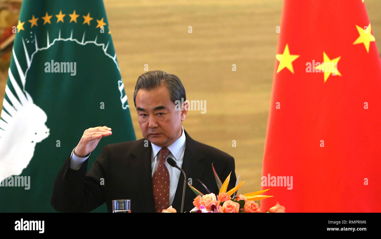 Beijing, China. 8th Feb, 2018. Chinese Foreign Minister Wang Yi holds a press conference with visiting Chairperson of the African Union Commission Moussa Faki Mahamat (not pictured) in Beijing on February 8, 2018. Moussa dismissed a French newspaper report alleging that China had spied on the continental body as 'lies'. Credit: Todd Lee/ZUMA Wire/ZUMAPRESS.com/Alamy Live News Stock Photo