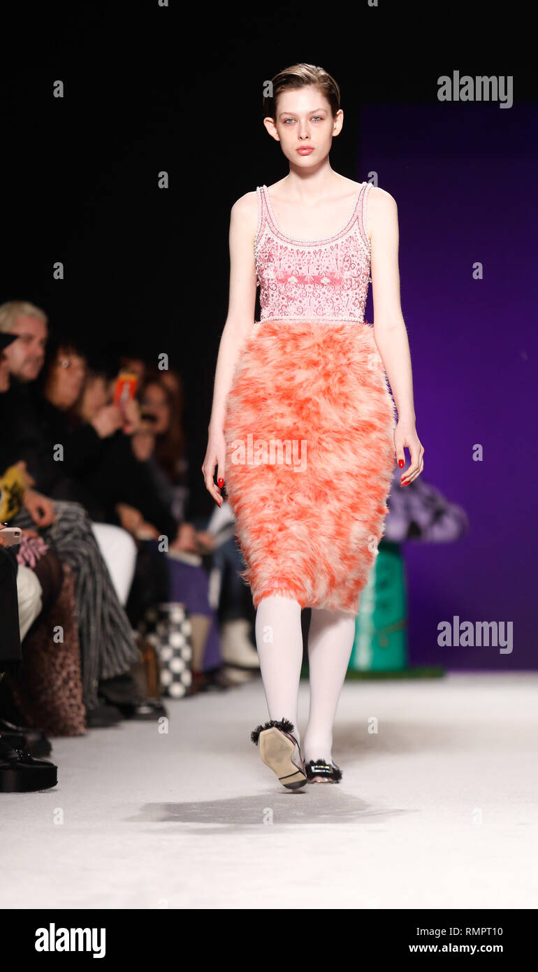 London, UK. 15th Feb, 2019. A model walks the runway at the Ashley Williams show during London Fashion Week February 2019 at the Ambika, University of Westminster on February 15, 2019 in London, England. Credit: Michal Busko/Alamy Live News Stock Photo