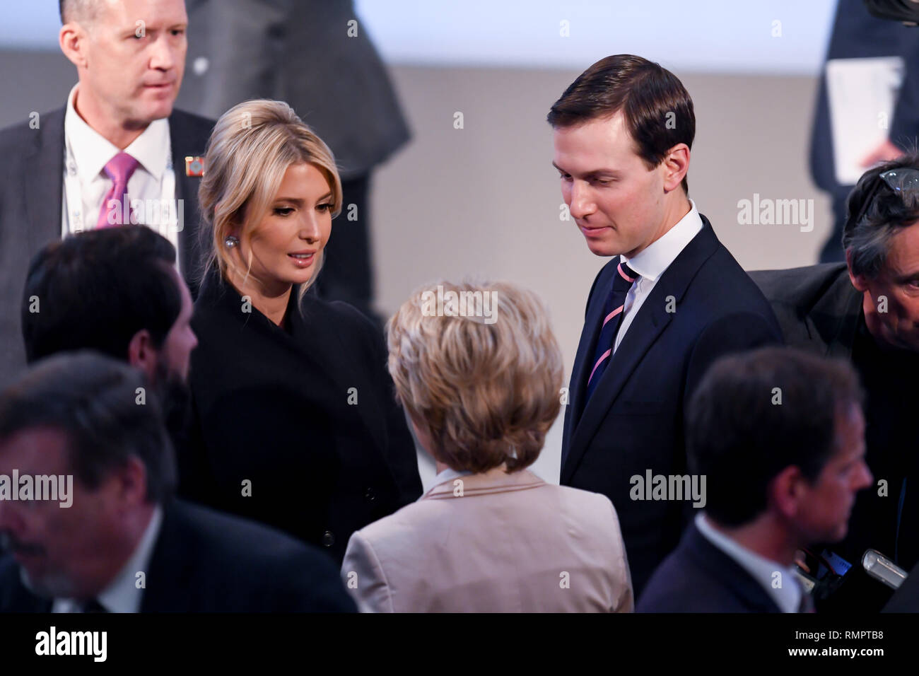 Munich, Germany.  16th Feb, 2019. Ivanka Trump (l-r), daughter of the US President, Ursula von der Leyen (CDU, from behind), Secretary of Defense, and Jared Kushner, Chief Advisor to the President of the United States, talk on the second day of the 55th Munich Security Conference. Numerous heads of state and government and ministers are expected at the world's most important meeting of experts on security policy. Photo: Tobias Hase/dpa Credit: dpa picture alliance/Alamy Live News Stock Photo