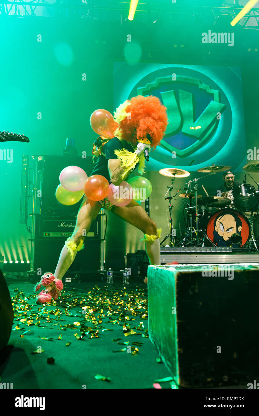 Paris, France. 15th Feb, 2019. Ultra Vomit performs on stage during the 9th edition of the Mondial du Tatouage (World Tattoo) on February 15, 2019 at the Grande Halle de la Villette in Paris, France. Credit: Bernard Menigault/Alamy Live News Stock Photo