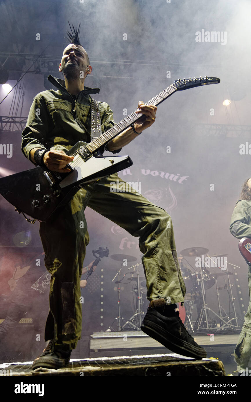 Paris, France. 15th Feb, 2019. Flockos (guitar lead) - Ultra Vomit performs on stage during the 9th edition of the Mondial du Tatouage (World Tattoo) on February 15, 2019 at the Grande Halle de la Villette in Paris, France. Credit: Bernard Menigault/Alamy Live News Stock Photo