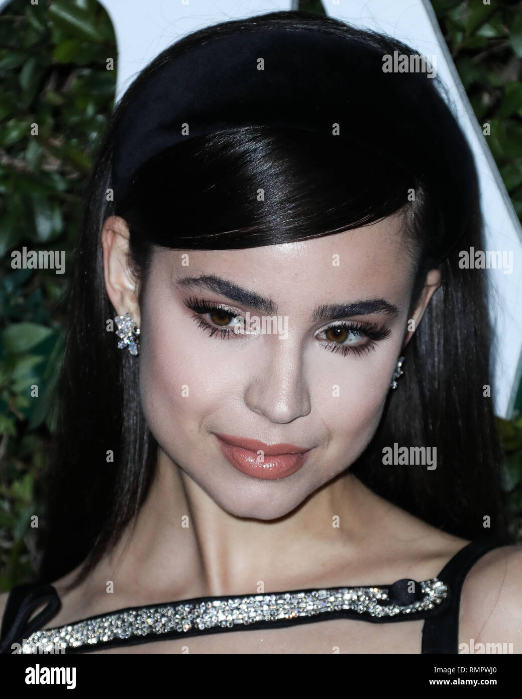 LOS ANGELES, CA, USA - FEBRUARY 15: Actress Sofia Carson arrives at Teen Vogue's 2019 Young Hollywood Party Presented By Snap held at the Los Angeles Theatre on February 15, 2019 in Los Angeles, California, United States. (Photo by Xavier Collin/Image Press Agency) Stock Photo