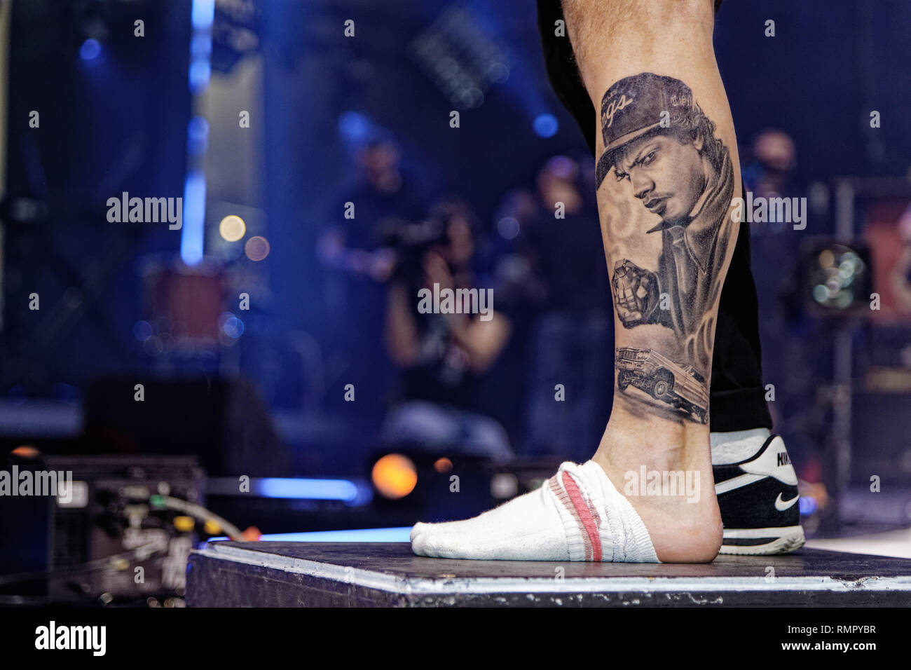Paris, France. 15th Feb, 2019. Contest for the best tattoo small black and gray during the 9th edition of the Mondial du Tatouage (World Tattoo) on February 15, 2019 at the Grande Halle de la Villette in Paris, France. Credit: Bernard Menigault/Alamy Live News Stock Photo