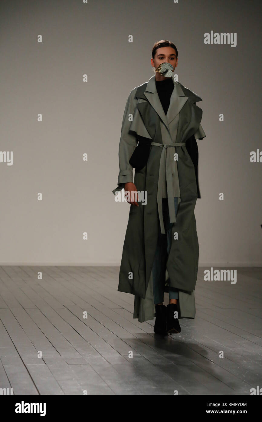 London, UK. 16th February 2019. A model walks the runway at the Bora Asku show during London Fashion Week February 2019 at the BFC Show Space on February 15, 2019 in London, England. Credit: Michal Busko/Alamy Live News Stock Photo