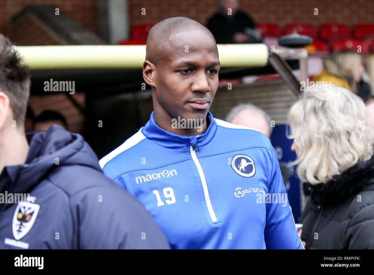 Kingston, UK. 16th February 2019. Tom Elliott of Millwall returns to Kingsmeadow during the The FA Cup 5th round match between AFC Wimbledon and Millwall at the Cherry Red Records Stadium, Kingston, England on 16 February 2019. Photo by Ken Sparks.  Editorial use only, license required for commercial use. No use in betting, games or a single club/league/player publications. Credit: UK Sports Pics Ltd/Alamy Live News Credit: UK Sports Pics Ltd/Alamy Live News Stock Photo
