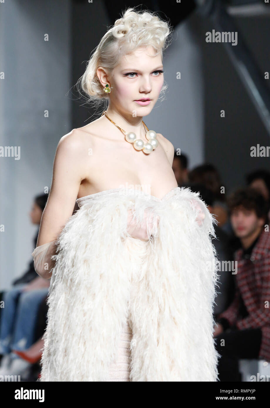 London, UK. 16th February 2019. Model walks on a catwalk during Mark Fast show during the first day of the London Fashion Week, United Kingdom on February 15, 2019. Credit: Michal Busko/Alamy Live News Stock Photo