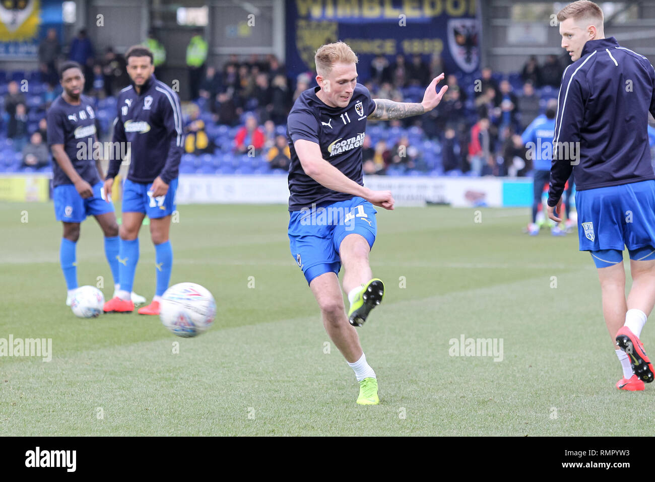 Kingston, UK. 16th February 2019. Mitch Pinnock of AFC Wimbledon warms up during the The FA Cup 5th round match between AFC Wimbledon and Millwall at the Cherry Red Records Stadium, Kingston, England on 16 February 2019. Photo by Ken Sparks.  Editorial use only, license required for commercial use. No use in betting, games or a single club/league/player publications. Credit: UK Sports Pics Ltd/Alamy Live News Credit: UK Sports Pics Ltd/Alamy Live News Stock Photo