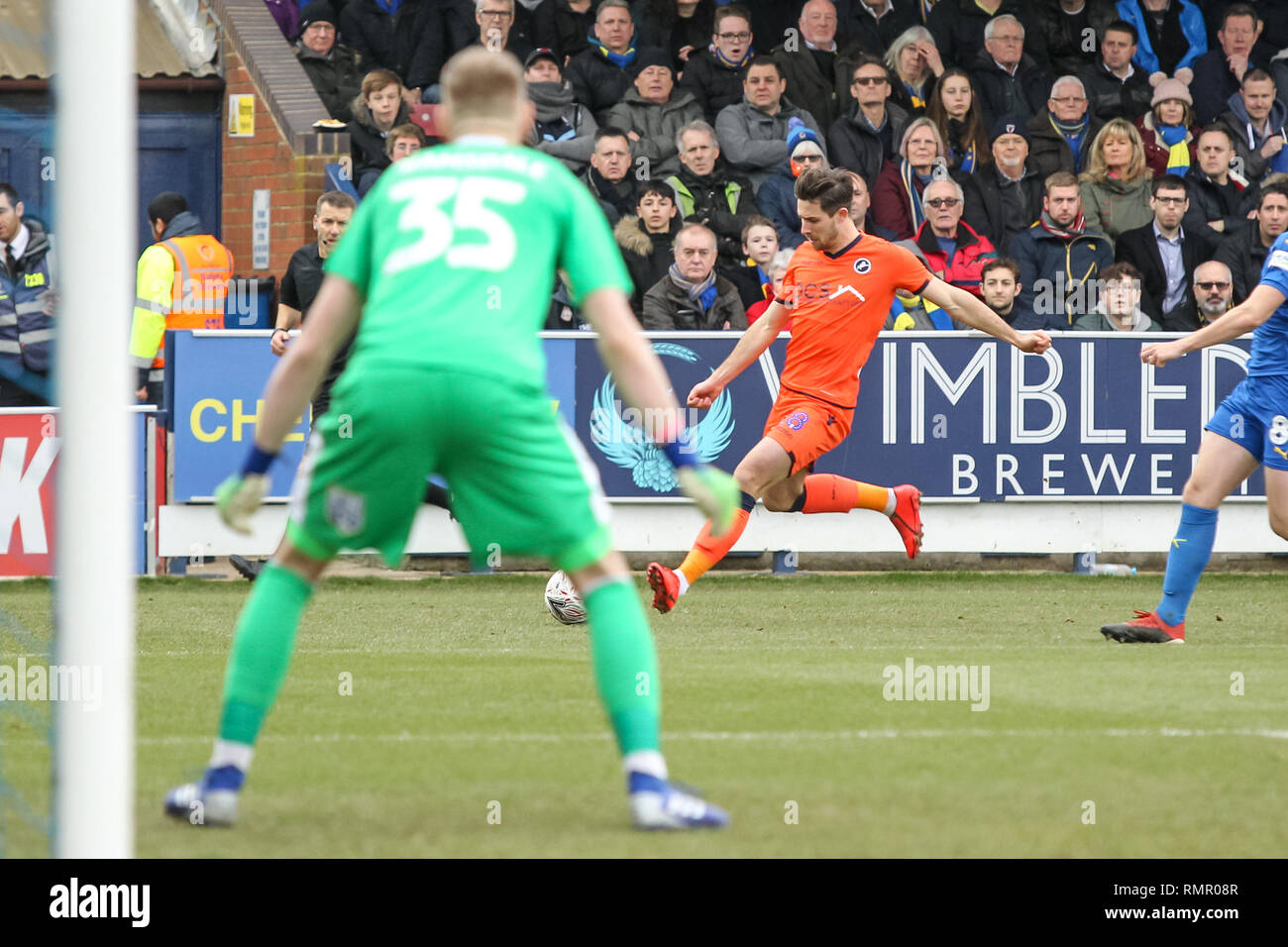 Kingston, UK. 16th February 2019. Ryan Leonard of Millwall crosses for the opening goal during the The FA Cup 5th round match between AFC Wimbledon and Millwall at the Cherry Red Records Stadium, Kingston, England on 16 February 2019. Photo by Ken Sparks.  Editorial use only, license required for commercial use. No use in betting, games or a single club/league/player publications. Credit: UK Sports Pics Ltd/Alamy Live News Credit: UK Sports Pics Ltd/Alamy Live News Stock Photo