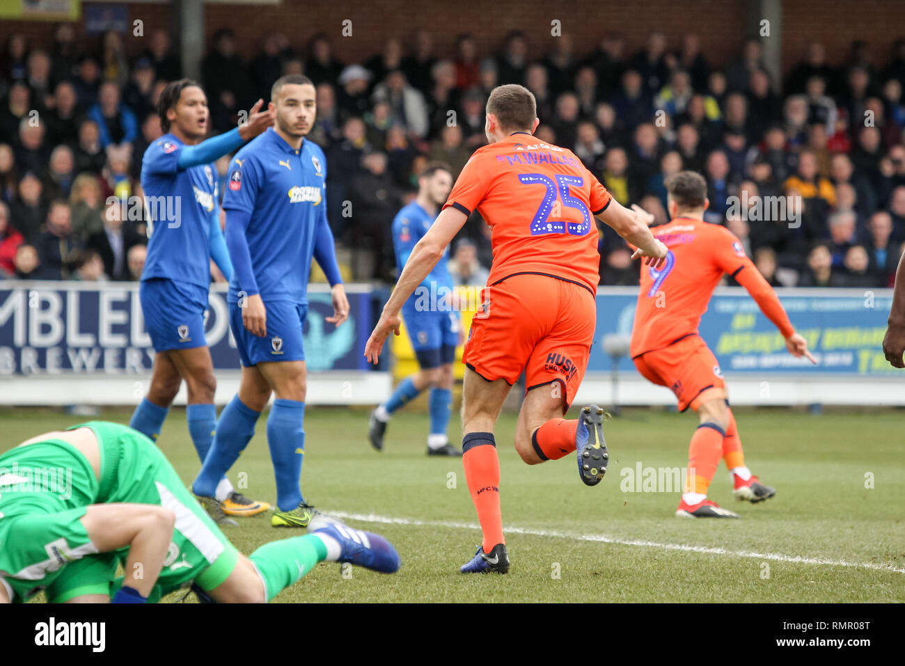 Kingston, UK. 16th February 2019. Murray Wallace of Millwall scores the opening goal and celebrates during the The FA Cup 5th round match between AFC Wimbledon and Millwall at the Cherry Red Records Stadium, Kingston, England on 16 February 2019. Photo by Ken Sparks.  Editorial use only, license required for commercial use. No use in betting, games or a single club/league/player publications. Credit: UK Sports Pics Ltd/Alamy Live News Credit: UK Sports Pics Ltd/Alamy Live News Stock Photo