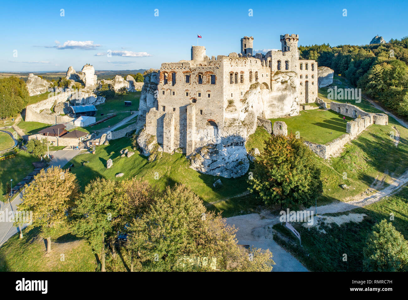 The ruins of medieval castle on the rock in Ogrodzieniec, Poland. One of strongholds  called Eagles Nests in Polish Jurassic Highland in Silesia. Aeri Stock Photo