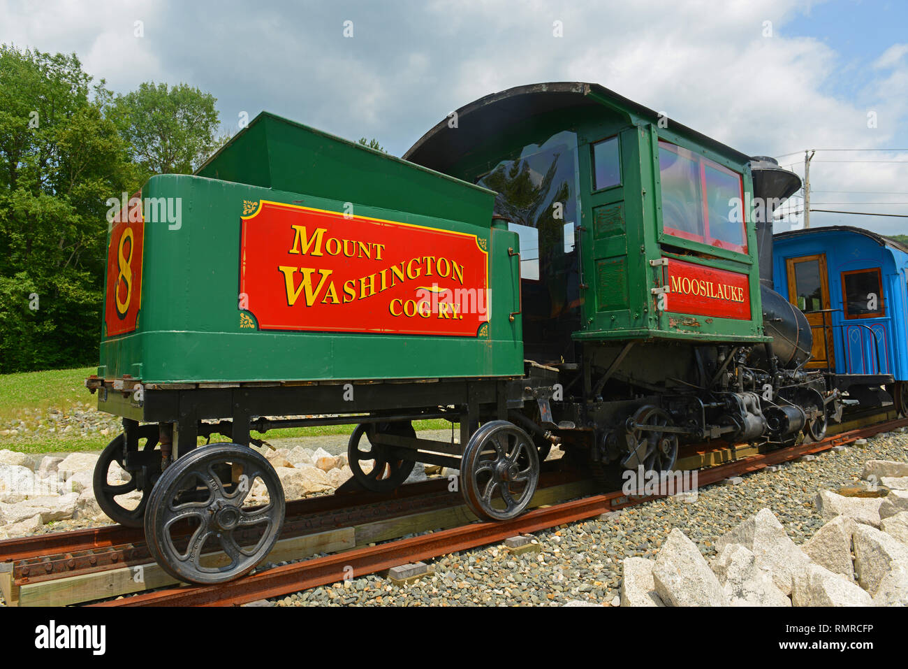 Historic stream Cog Railroad Moosilauke at Twin Mountain Chamber of Commerce in town of Carroll in White Mountain, New Hampshire, USA. Stock Photo