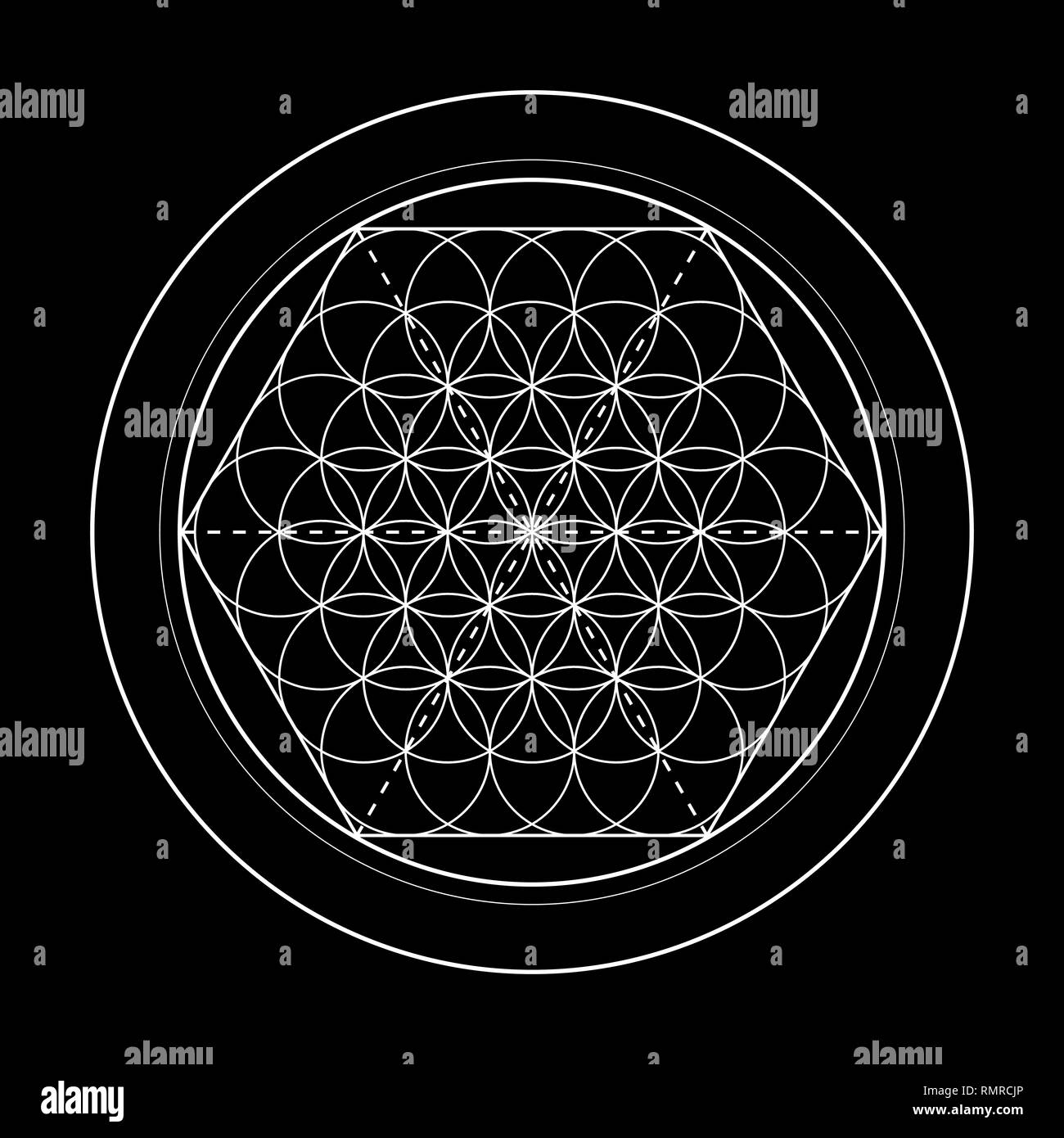 flower of life vector image, sacred geometry symbol on black background Stock Vector