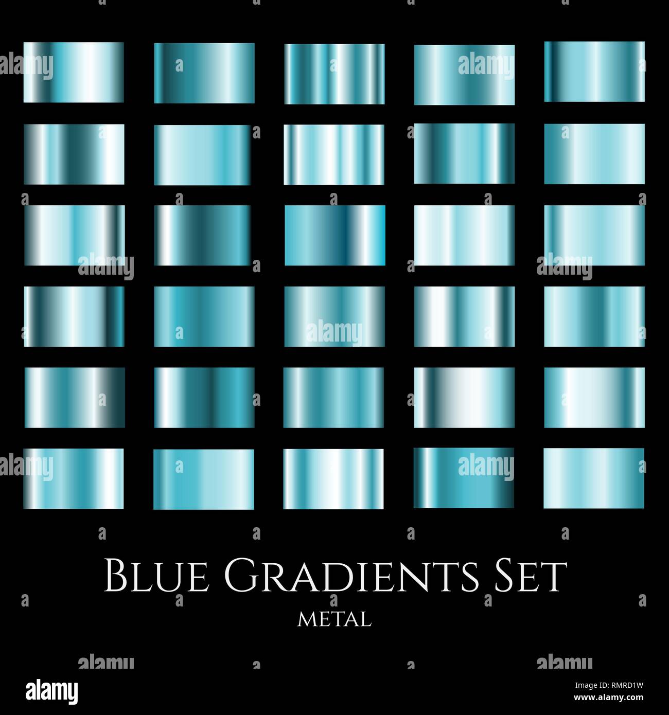Vector set of blue metal gradients. Collection of gradation swatches Stock Vector