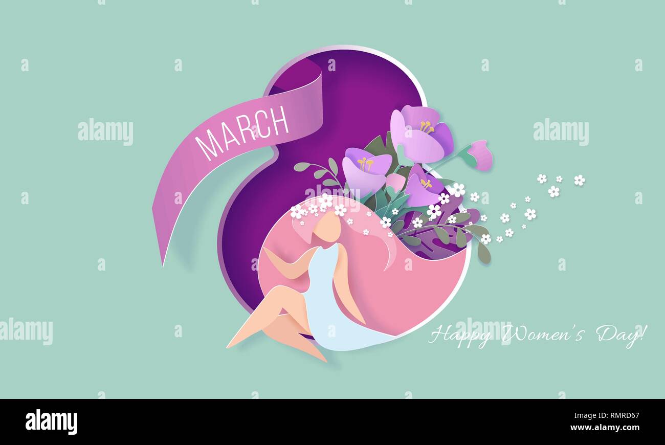 Happy womens day 8 March card. Girl sitting inside hole shaped as eights. Vector illustration 3d paper cut style. Stock Vector
