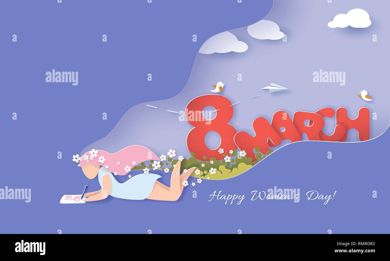 Happy Women Day holiday illustration. Paper cut girl lying cutout blue ...