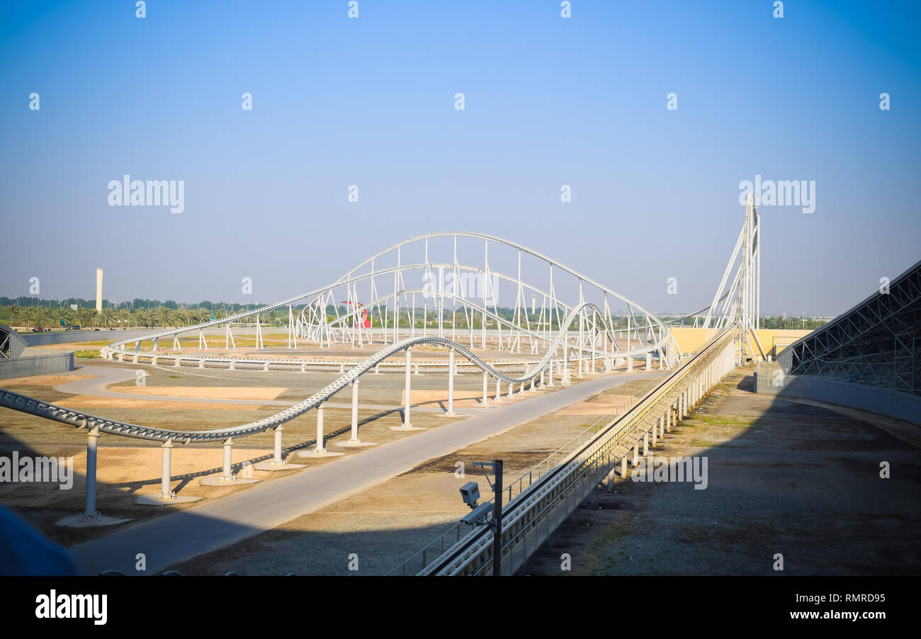 ABU DHABI UAE December 2 2018 Inside view of Formula Rossa, the fastest roller coaster in the