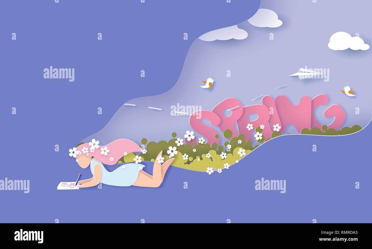 Happy Spring illustration. Paper cut girl lying cutout blue sky for spring landscape. Vector illustration. Stock Vector