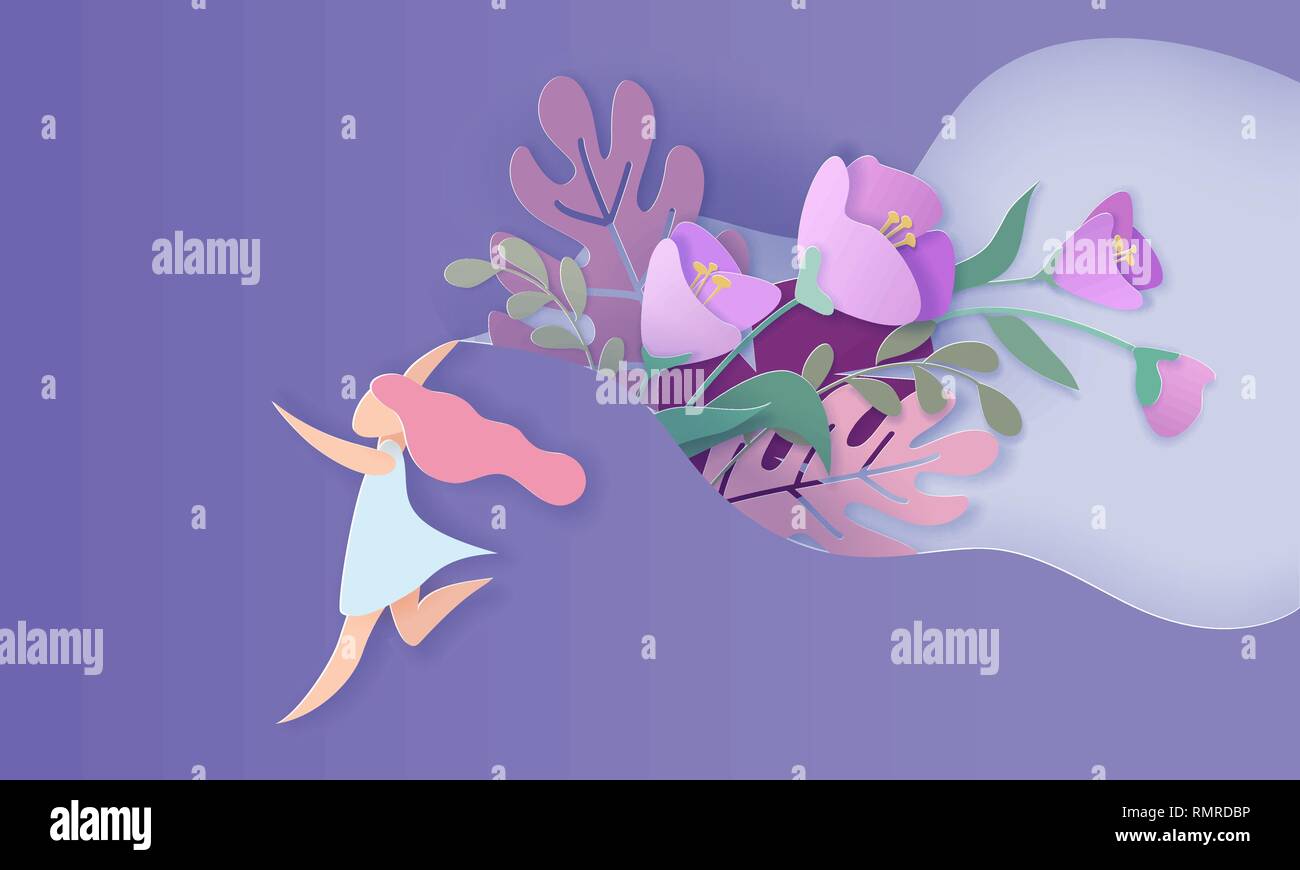 Happy Women Day holiday illustration. Paper cut girl running cutout on ...