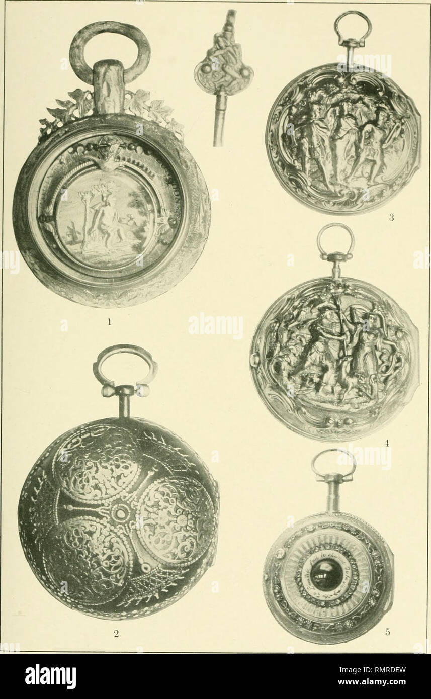 . Annals of the Carnegie Museum. Carnegie Museum; Carnegie Museum of Natural History; Natural history. ANNALS .CARNEGIE MUSEUM, Vol. XII. Platn XV.. 1. Gilt watch and key, London, circa 1760. (No. 48.) 2. Silver verge watch by John Wilter, London, A. 1). 1760-1784. (No. 49.) 3. Gold watch by Thomas White, London, A. D. 1759. (No. 44.) 4. Gold repeating watch by Beuster, London, A. D. 1750. (No. 41.) 5. Gold watch with carbuncle in back, period of Louis XVL (No. 65.). Please note that these images are extracted from scanned page images that may have been digitally enhanced for readability - col Stock Photo