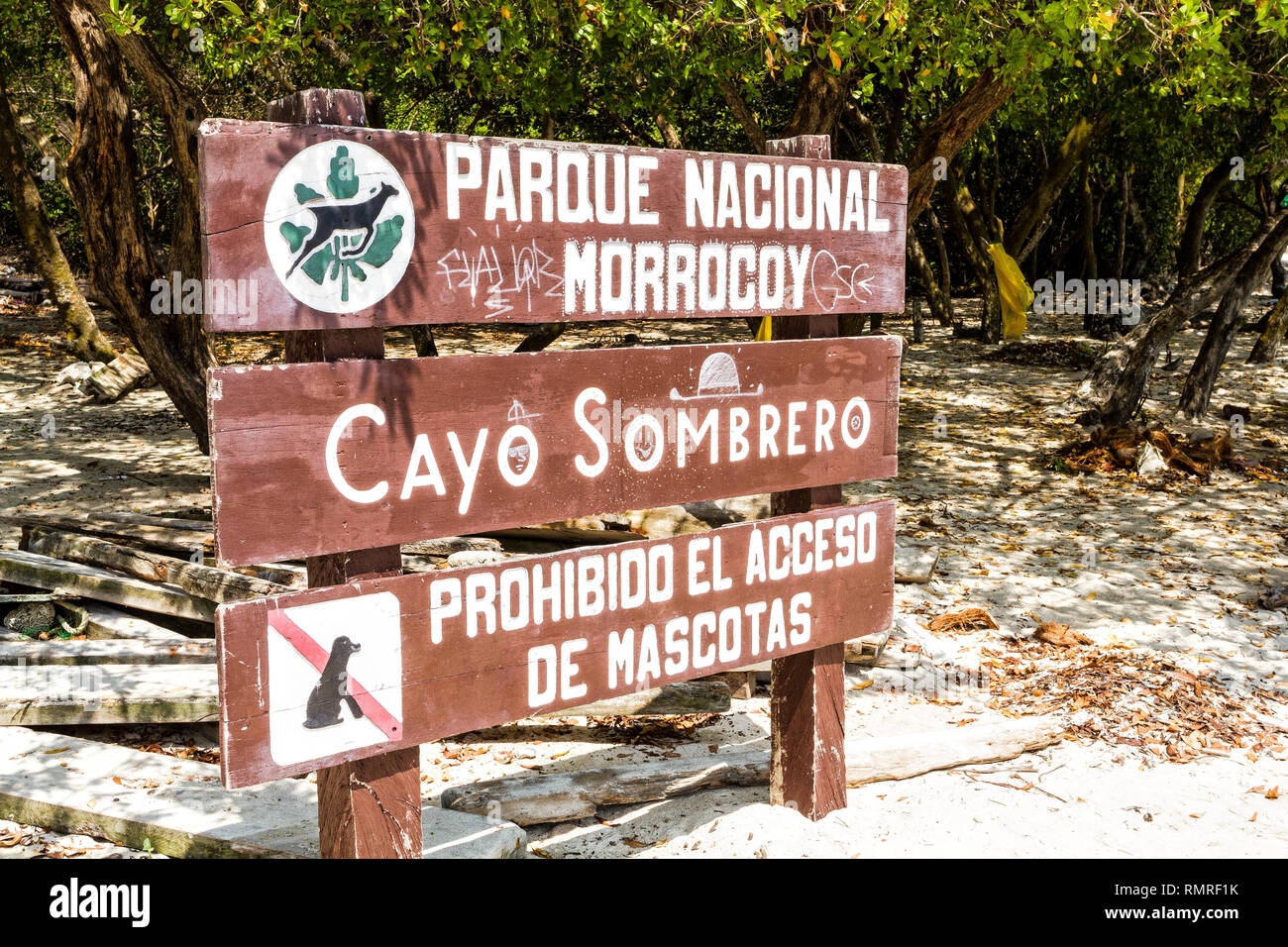 Morrocoy National Park sign in Cayo Sombrero (Sombrero Island). Chichiriviche, Falcon State, Venezuela. Stock Photo