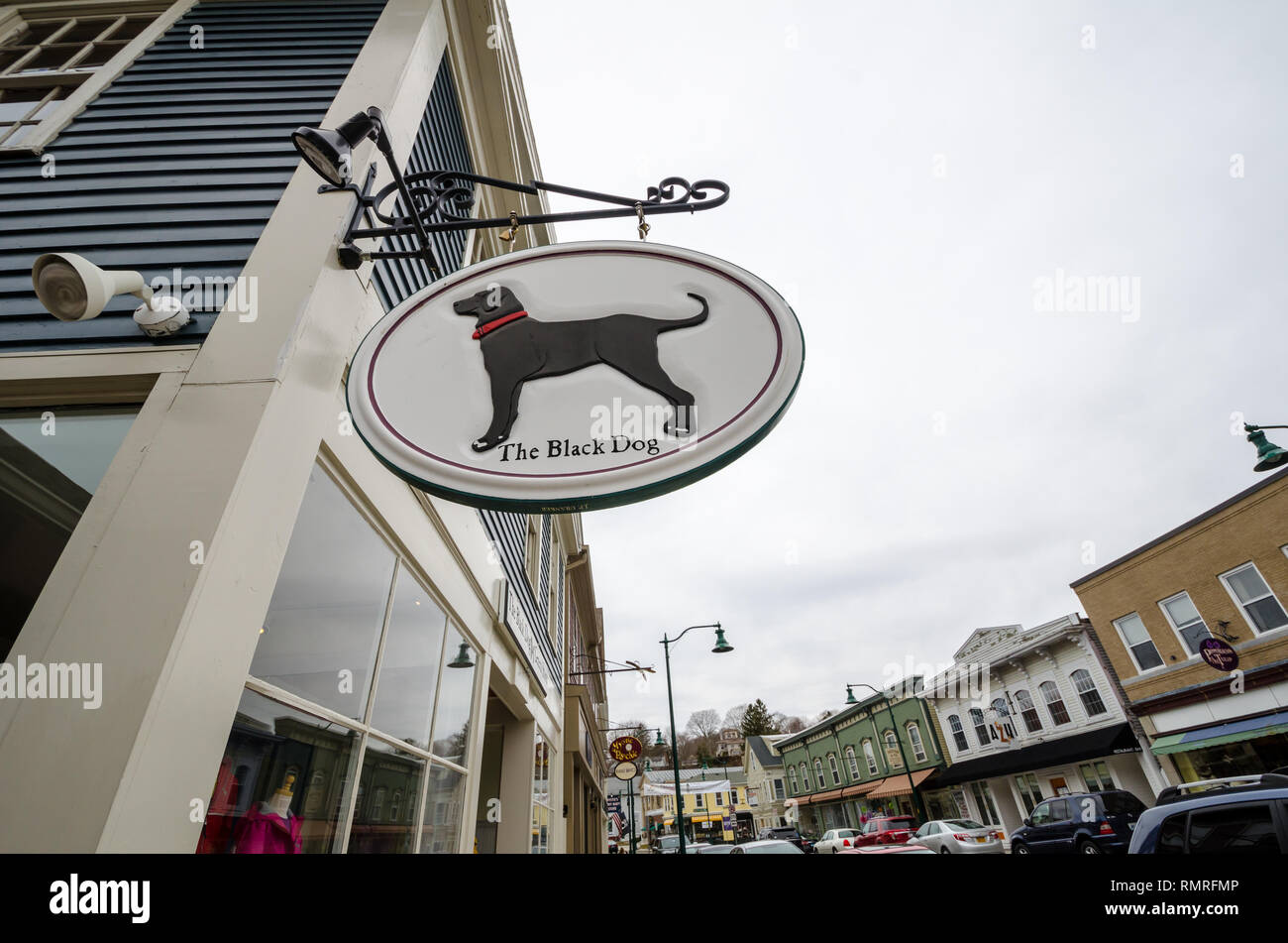 Mystic, CT March 30, 2018 Sign for The Black Dog store, a clothing
