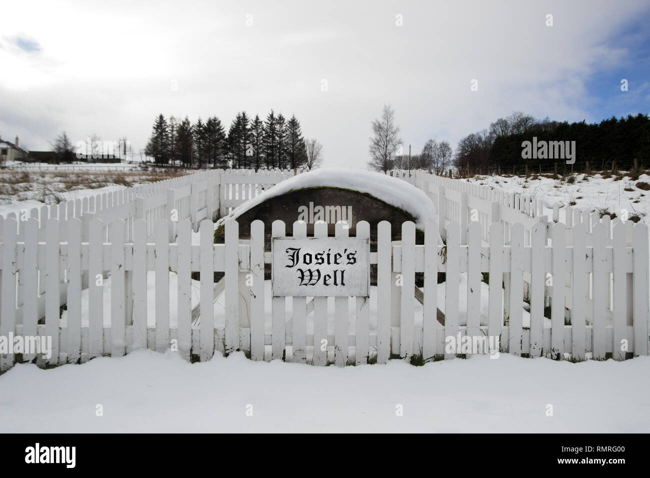 Josie's Well from where the water for The Glenlivet Distillery comes covered in snow Stock Photo