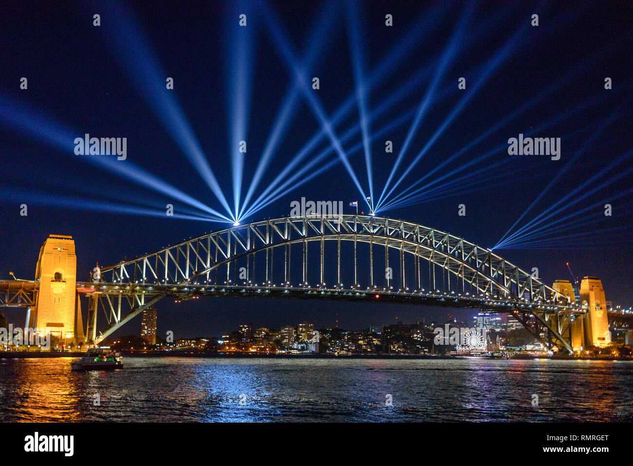 Testing the New Year's Eve lights on the Sydney Harbour Bridge at night Stock Photo