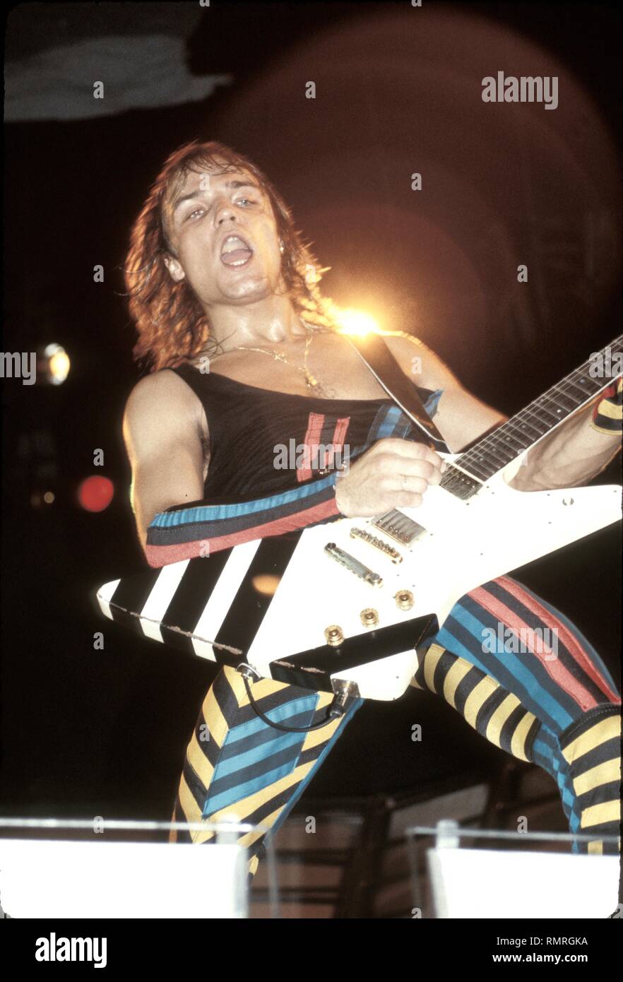 Singer, songwriter and guitarist Matthias Jabs of the heavy metal band The Scorpions is shown performing on stage at Rock in Rio I back in 1985. Stock Photo