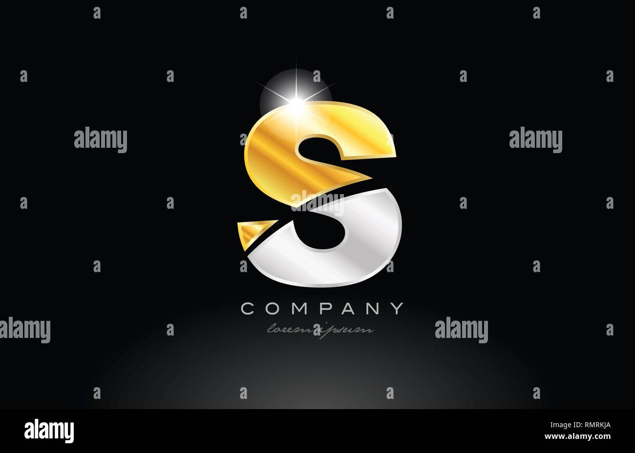 letter S alphabet logo icon design with gold silver grey metal on black ...