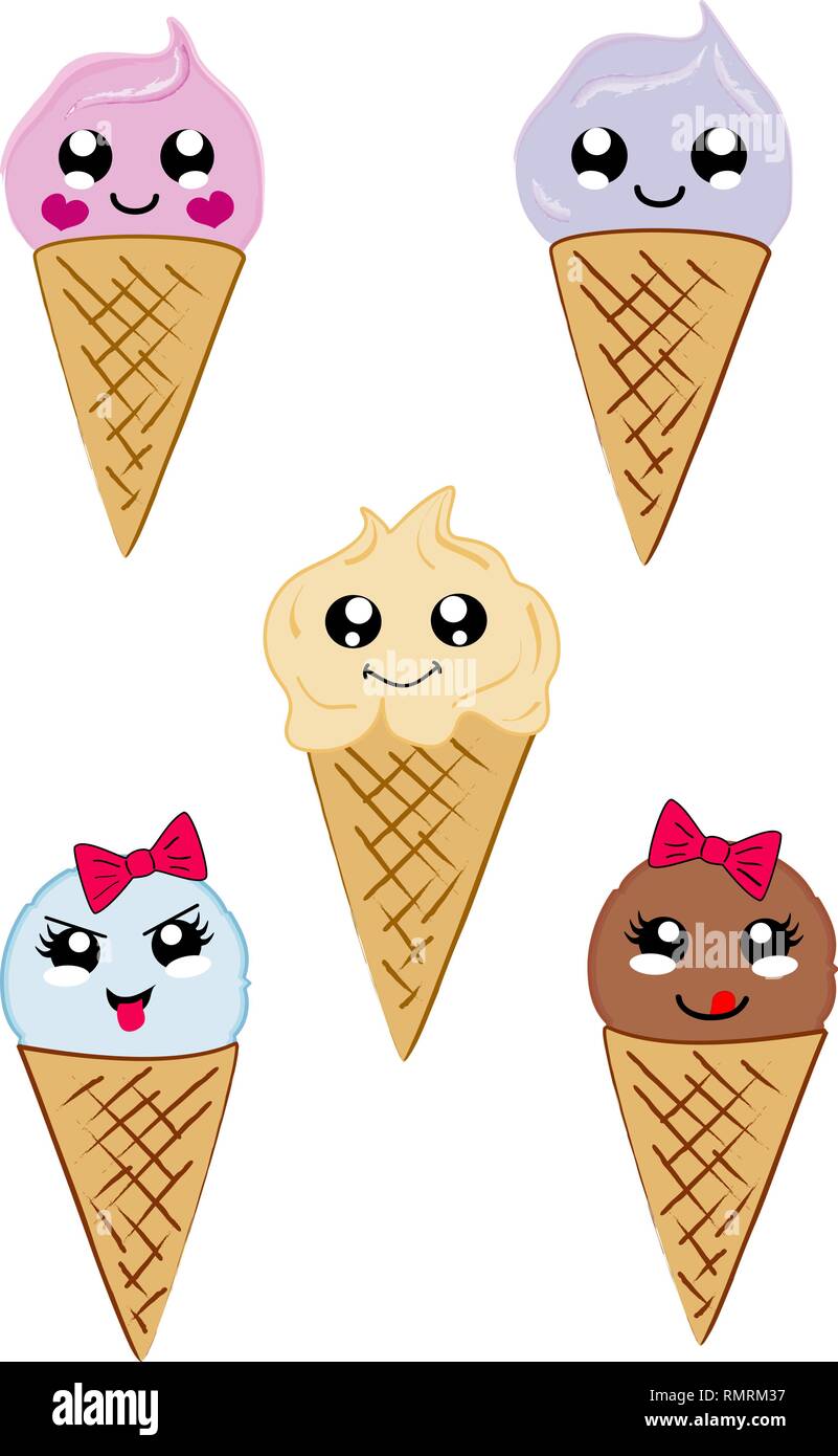 Set with cute kawaii waffle ice cream. Vector file eps 10 Stock Vector