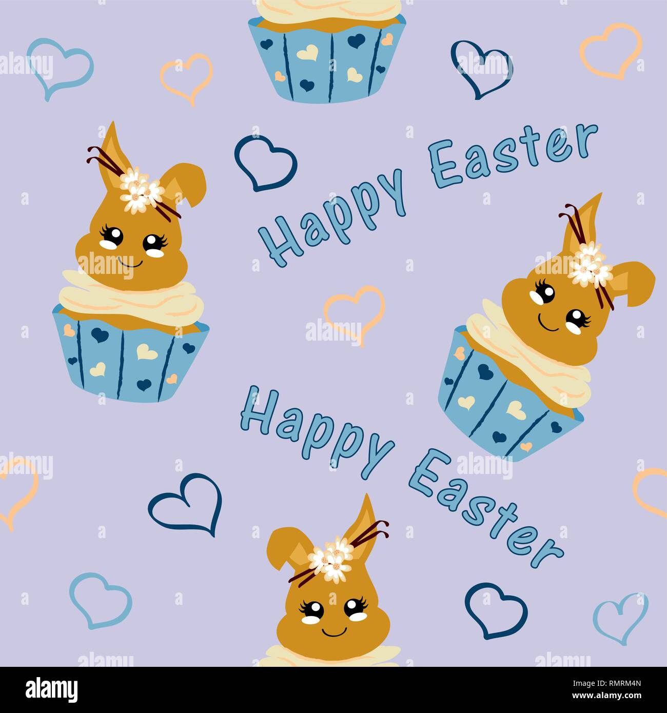 cute pattern with easter bunny in cupcake. Kawaii style, eps 10 Stock Vector