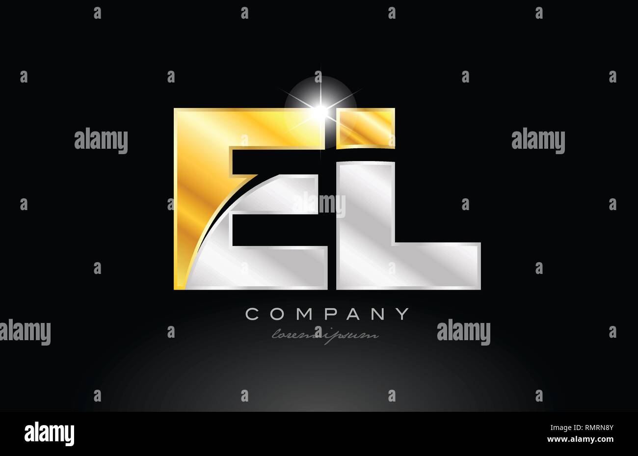 combination letter el e l alphabet logo icon design with gold silver grey metal on black background suitable for a company or business Stock Vector