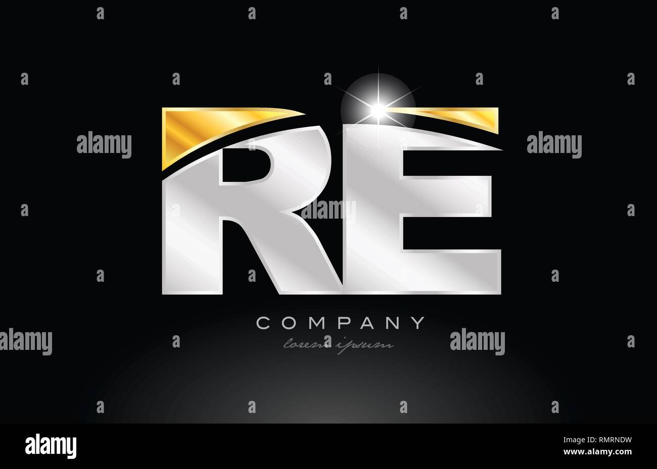 combination letter re r e alphabet logo icon design with gold silver ...