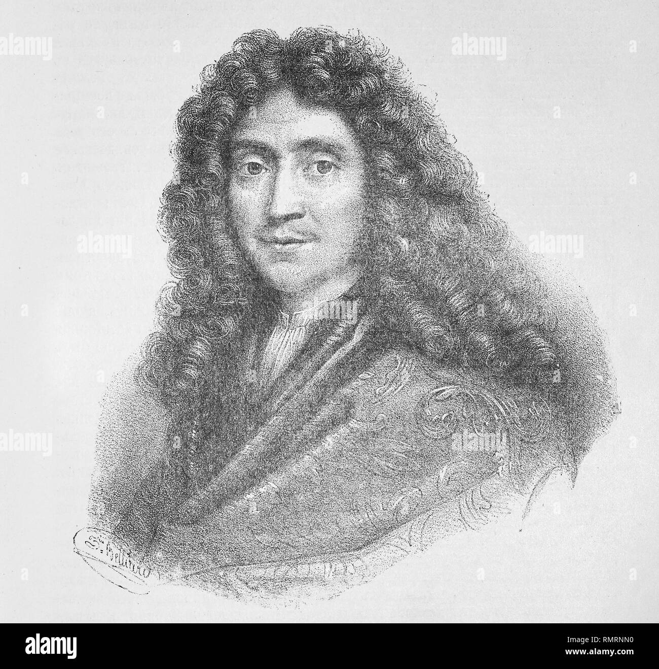 Portrait of Jean-Baptiste Poquelin (stage name Moliere). Medieval engraving. Stock Photo