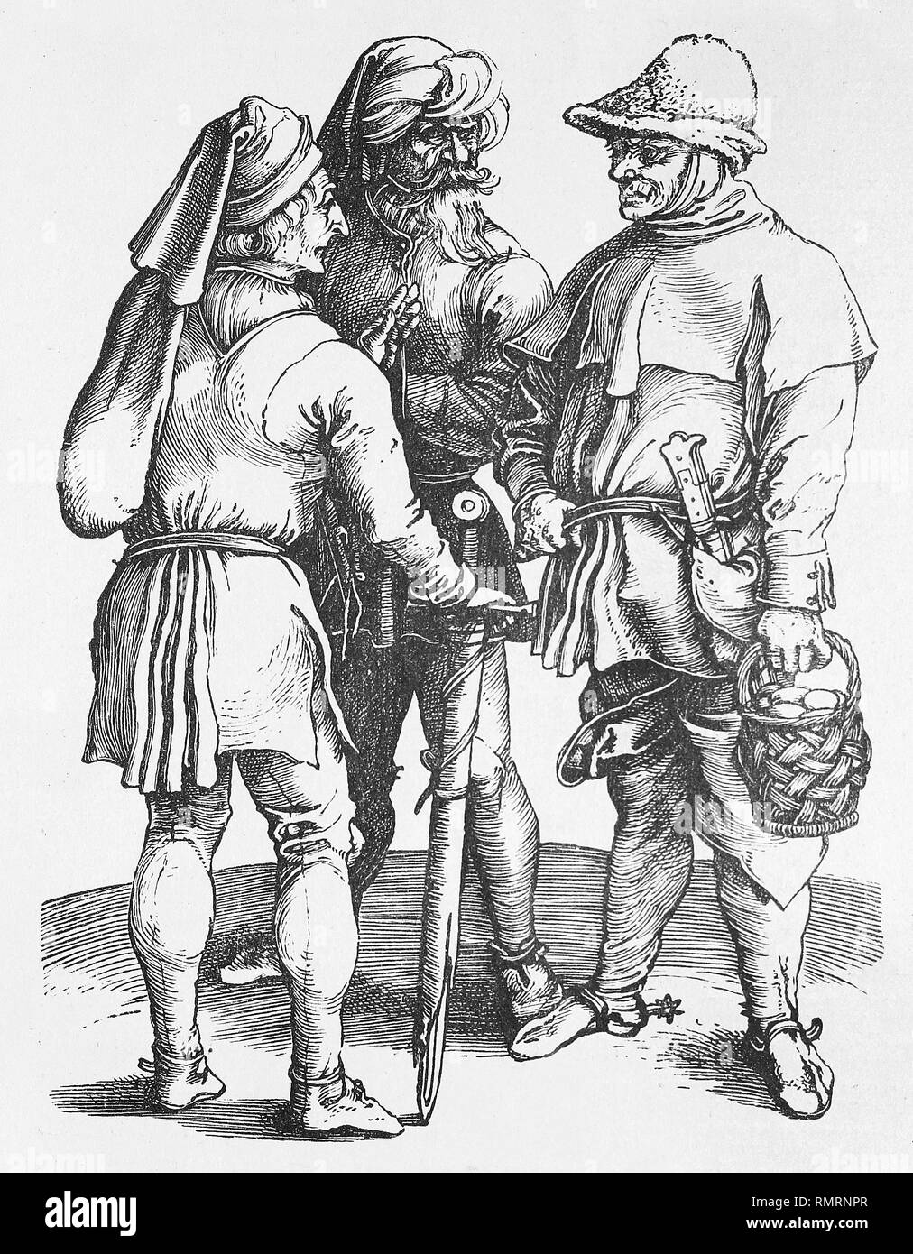 Three peasants in early 16th century. Stock Photo