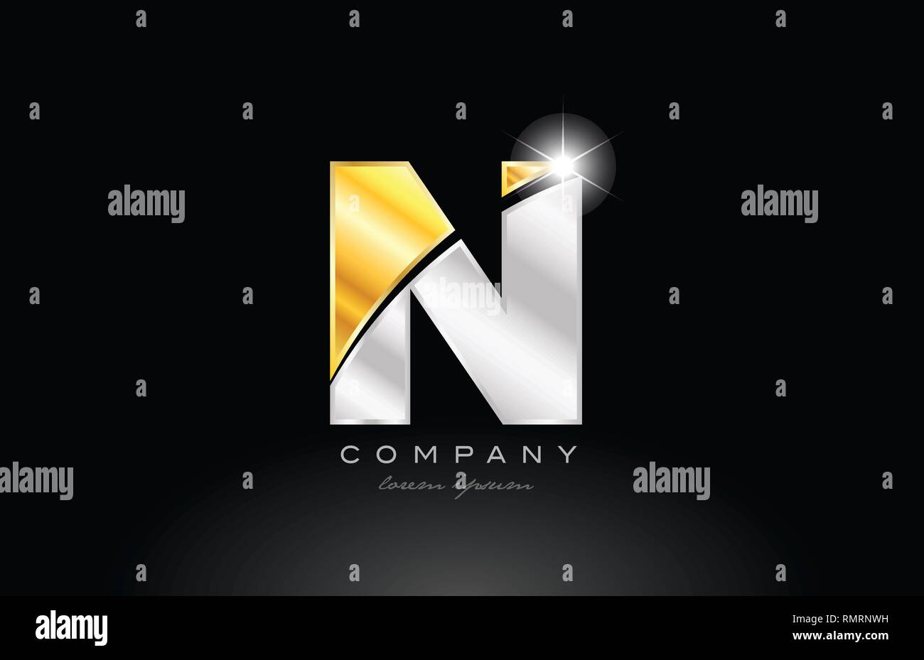 letter N alphabet logo icon design with gold silver grey metal on black ...