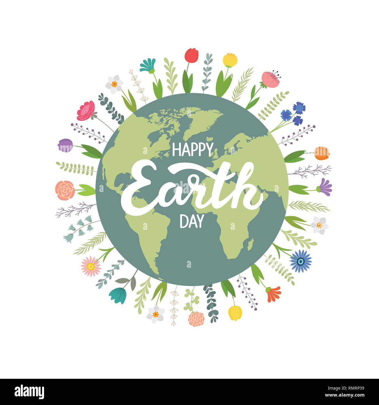 The Earth is surrounded by flowers, Happy Earth Day. Vector illustration on white isolated background Stock Vector