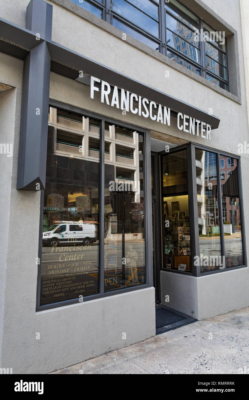 GREENSBORO, NC, USA-2/14/19: The storefront of the Franciscan Center, which seeks to reflect Catholic and Franciscan traditions. Stock Photo