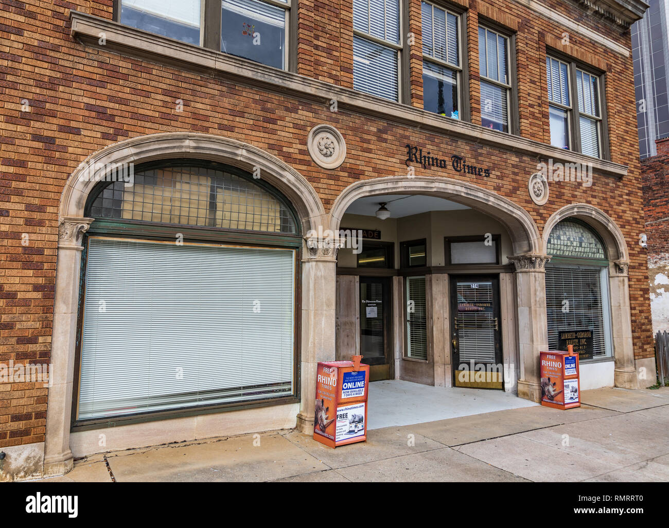 GREENSBORO, NC, USA-2/14/19: The front of the Rhino Times building, a conservative and opinion newspaper published in Greensboro. Stock Photo