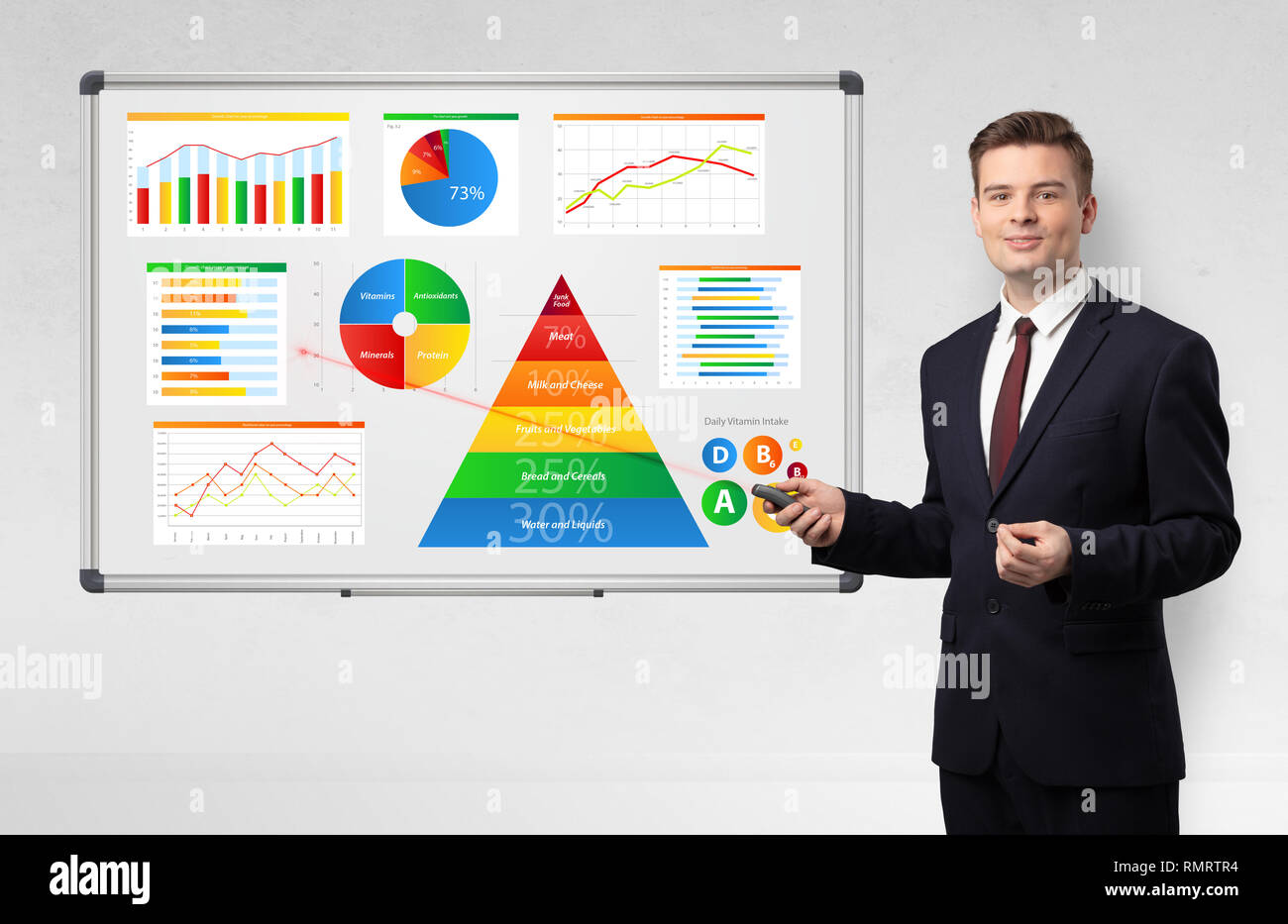 Handsome businessman presenting health reports on white board with laser pointer   Stock Photo