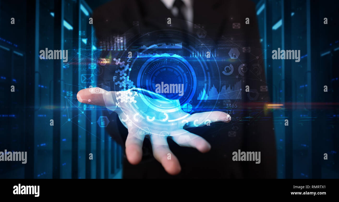 Man holding hologram projection displaying biometric security concept  Stock Photo