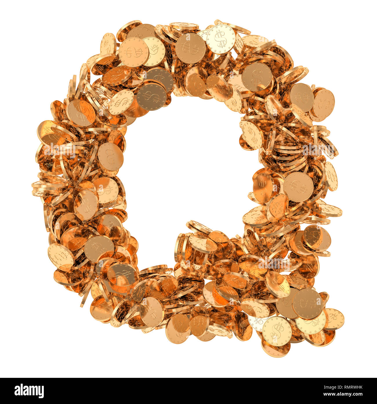 Alphabet letter Q, from golden dollar coins. 3D rendering isolated on white background Stock Photo
